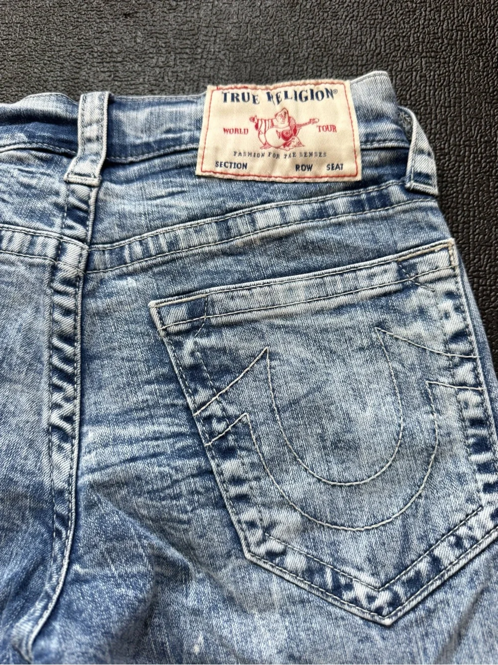True Religion Light Wash Blue Denim Shorts with Signature Logo